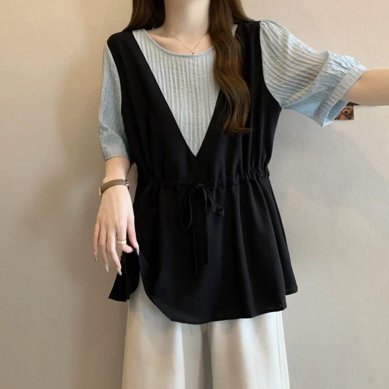 

Plus Size Women s Clothing Patchwork Fake Two Pieces Short Sleeve T-shirt Female Summer Plus Size Ladies Cover Belly Lace-up Waist-Controlled Tops XL синий