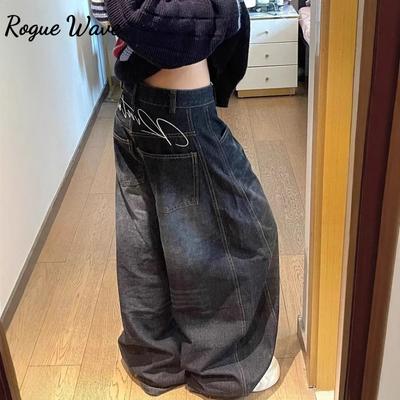 RogueWave Dames Jeans Hoge Taille Vintage Design Hip Hop Rechte Baggy Denim Broek Street Y2K Amerikaanse Stijl Wijde Pijp Denim Broek
