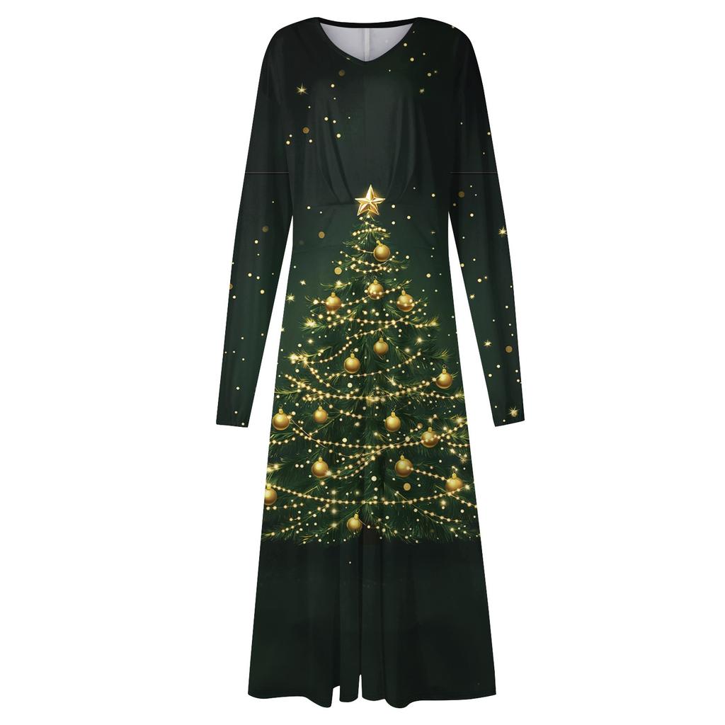 Women's Autumn And Winter Casual Fashion V-neck Long Sleeve  Print Long Dress