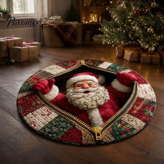 Round Christmas Area Rug Rug, 3D Optical Illusion Floor Mat with Santa Candy Cane Print, Non-Slip Stain Resistant Carpet for Living Room Bedroom
