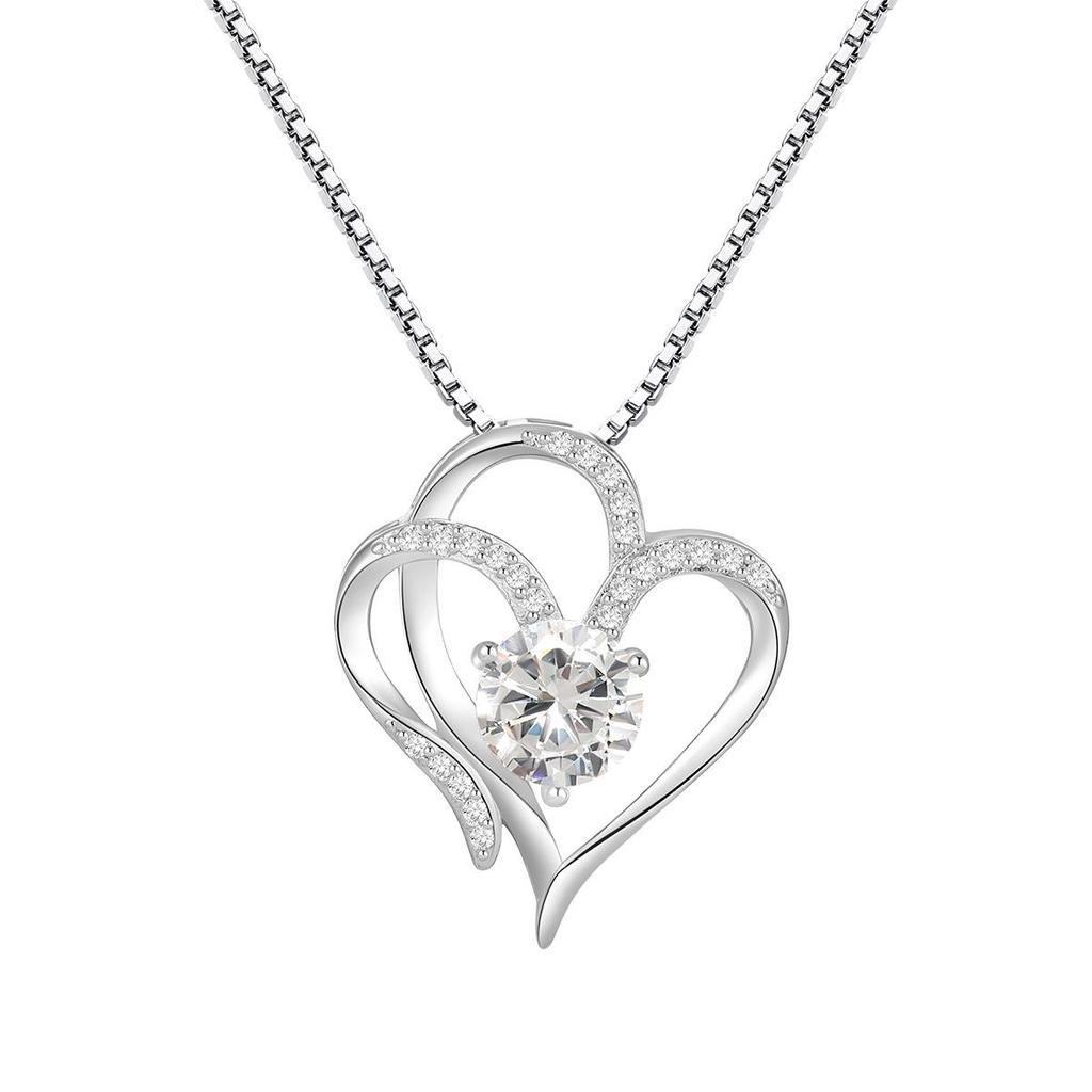 Elegant Double Heart Pendant Necklace with Colored Zirconia