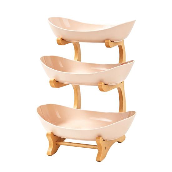 Multi Layer Fruit Basket with Bamboo Stand, Plastic Tiered Snack Tower for Candy Nuts, Space Saving Kitchen Counter Organizer for Living Room