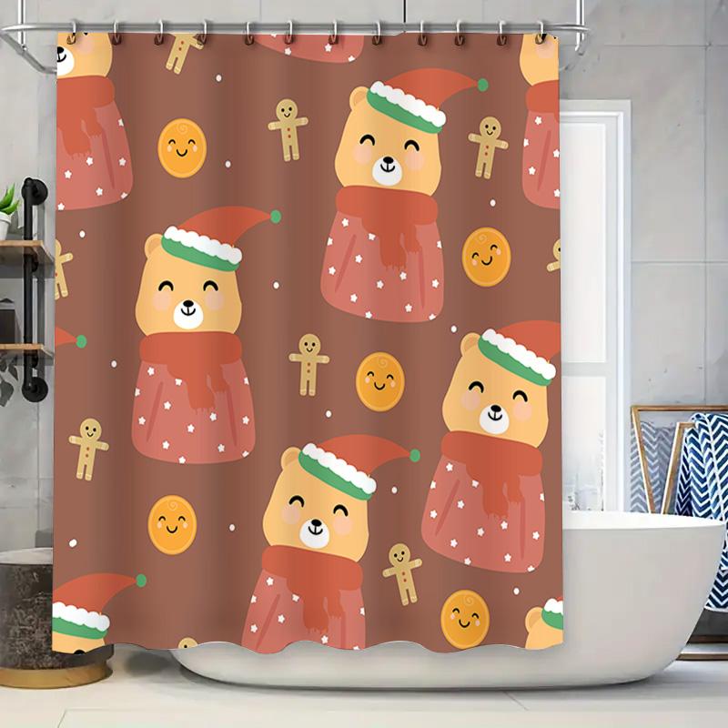 

Рождественская шторка для душа с милым дизайном медведя в шапке Санты, красным шарфом и праздничными имбирными пряниками для ванной комнаты 90x180cm