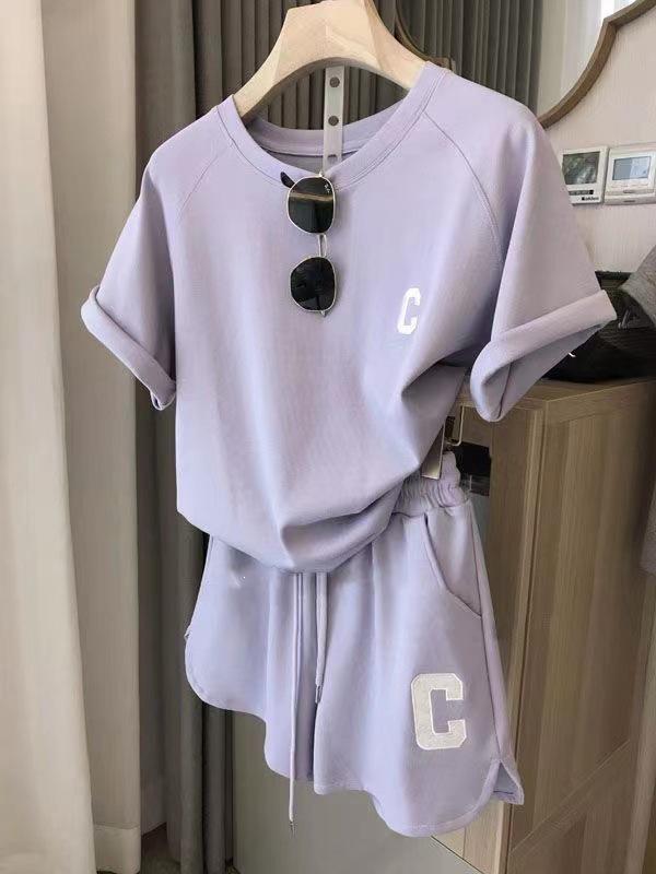 Bestselling Casual Letter Print Sportswear Set with Round Neck, Short Sleeves, and Drawstring Shorts - Perfect for Home or Outings