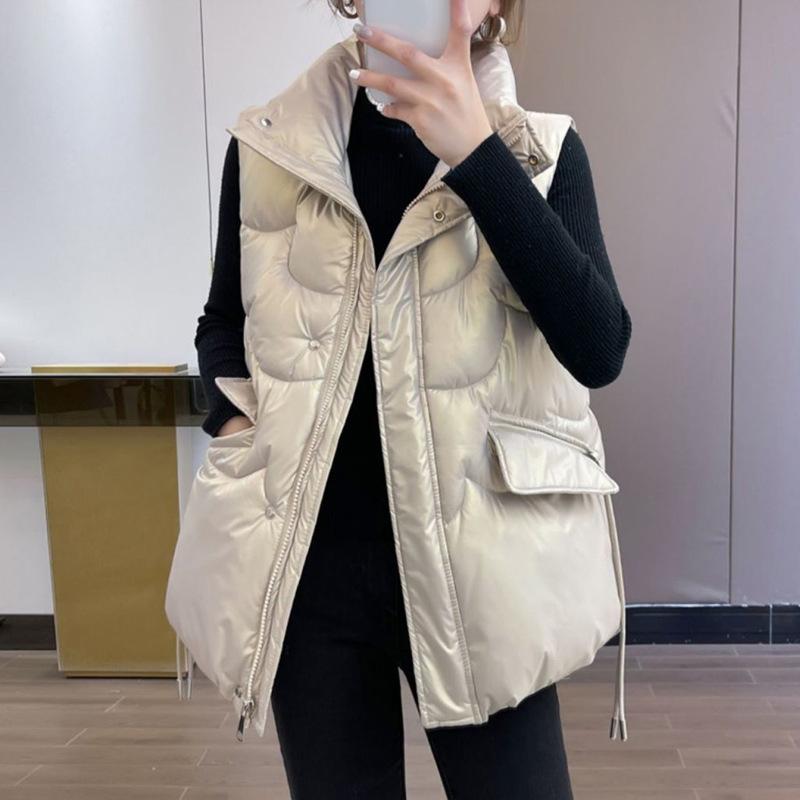 Donna Autunno Inverno Soild Colore brillante Addensare Capispalla Cotone imbottito Colletto alla coreana Senza maniche Giacca calda Cappotto Gilet