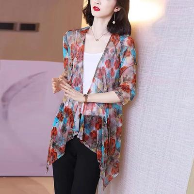 Women's Summer Mid-length Mesh Sun Shirt Thin Seven-minute Sleeve Temperament Cardigan Jacket
