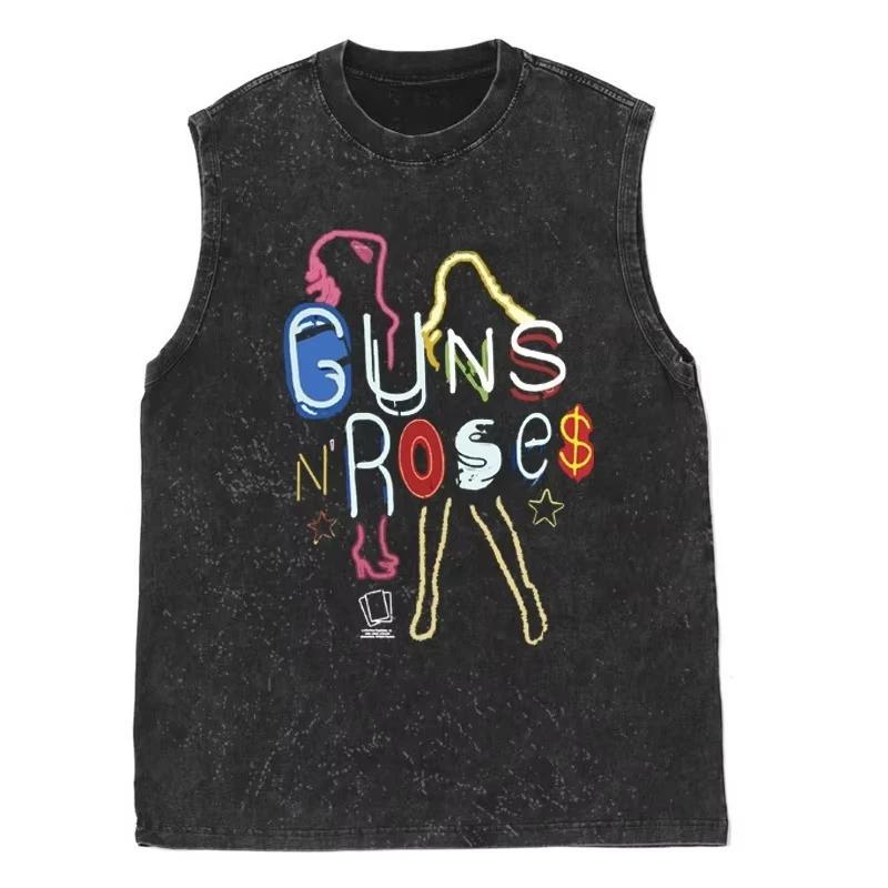 American vintage washed sleeveless summer T-shirts for men and women super popular 2D printed vest tops for daily use