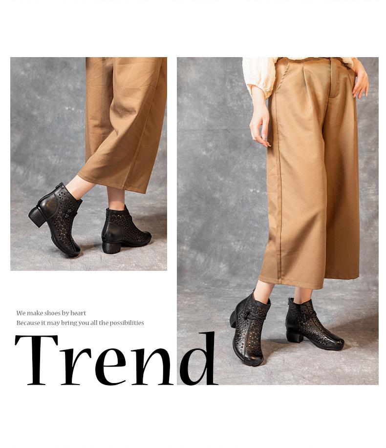 2025 Summer Genuine Leather Peep-Toe Perforated Mid-Heel Sandals - Women's Retro Chunky Heel Martin Boots.