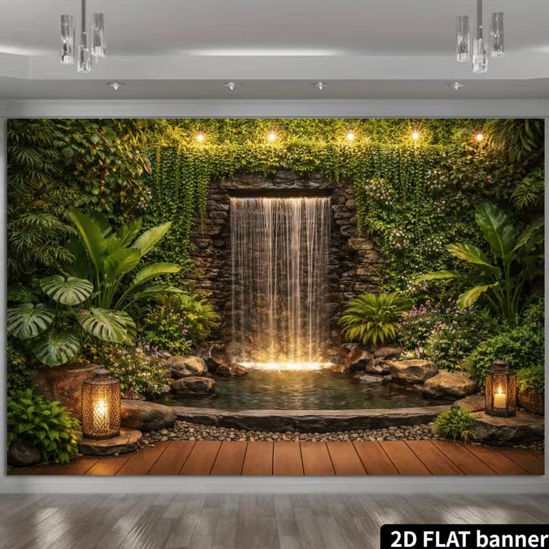 2D Vintage Lantern Stone Waterfall Jungle Photography Background Cloth