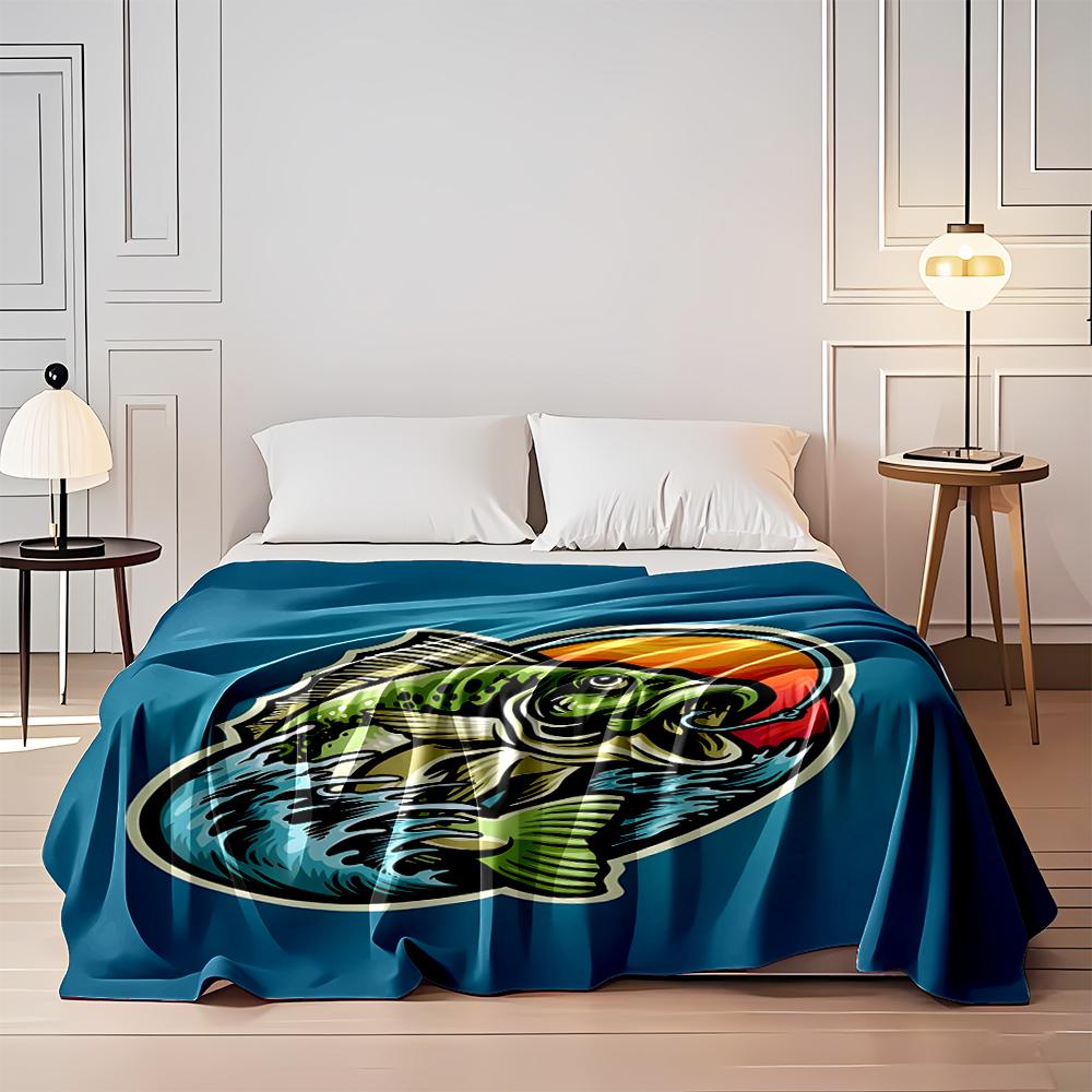 Leaping Bass Fish With Sunset Background Flannel blanket for bedroom, living room, sofa, and nap sofas.