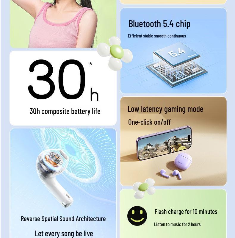 Baseus E3 Wireless Bluetooth Earphones 2025 - Semi-In-Ear, Long Battery Life, Ultra-Compact, Compatible with Apple, Xiaomi, Huawei.