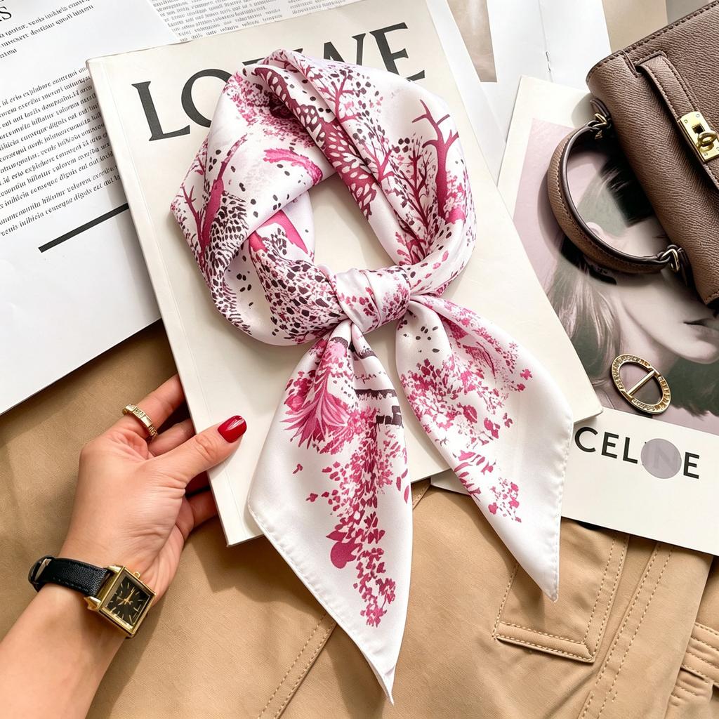 Commuter elegant flower silk scarf women's contrasting color retro printing satin scarf shirt with multi-purpose decorative small scarf