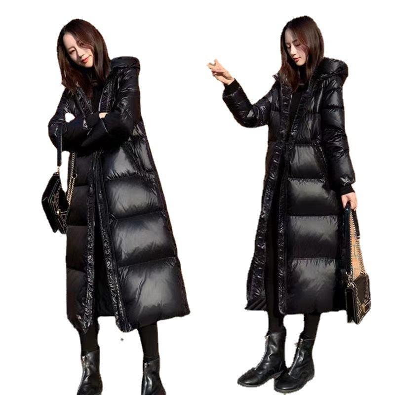 Glossy Black Down Padded Jacket, Long Over-the-knee Thick Loose Padded Jacket, Padded Jacket, Women
