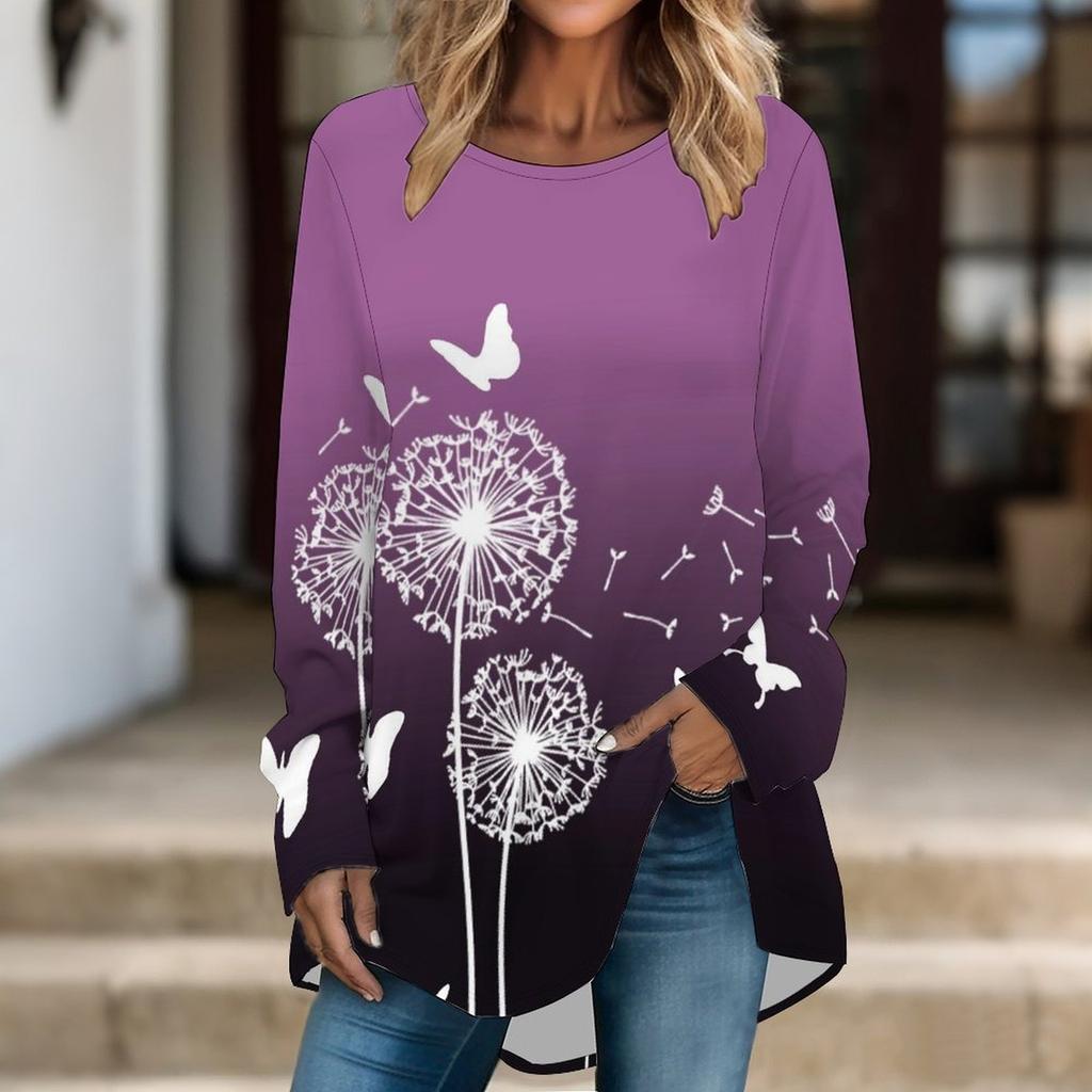 Women Long Sleeve Tunic Top Print Crew Neck Loose Fit Blouse With Pockets Casual Daily Wear Ladies Tops