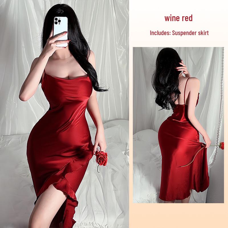 Chic Spaghetti Strap Ruffle Hem Slit Nightgown - Multi-color Loungewear