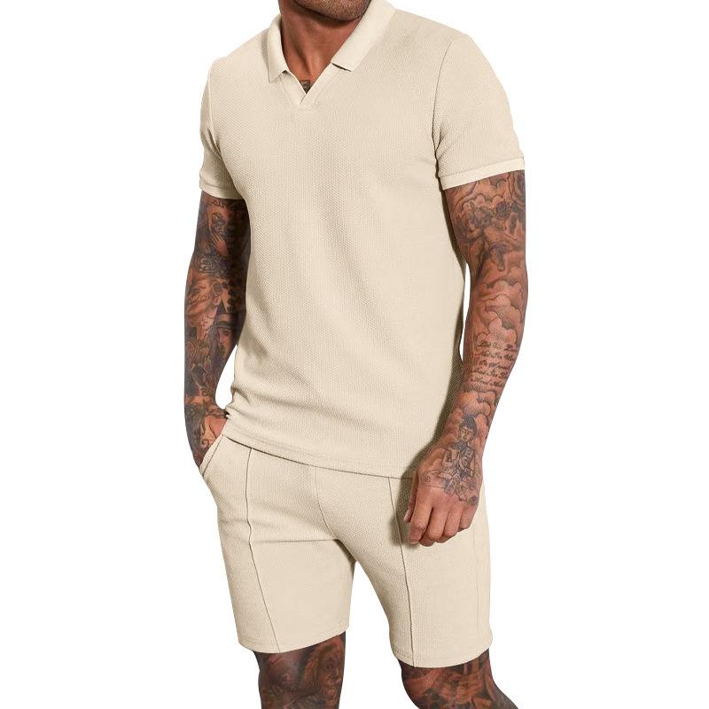 New Summer V-neck Short-sleeved Shorts Two-piece Set with Turn-down Collar Polo Shirt for Men