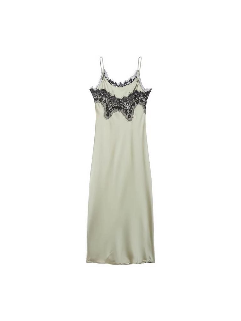 Spring 2026 European & American Lace Trim Camisole Maxi Dress with Sexy Slit