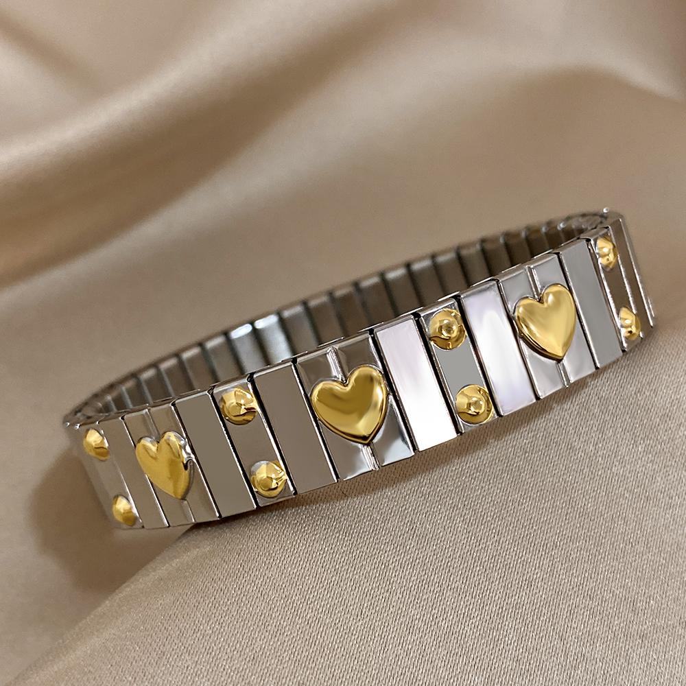 AENSOA Vintage Elastizität Edelstahl Armreifen Armband für Damen Klassisch Herz Quadrat Verstellbares Armband Wasserdichter Armreif