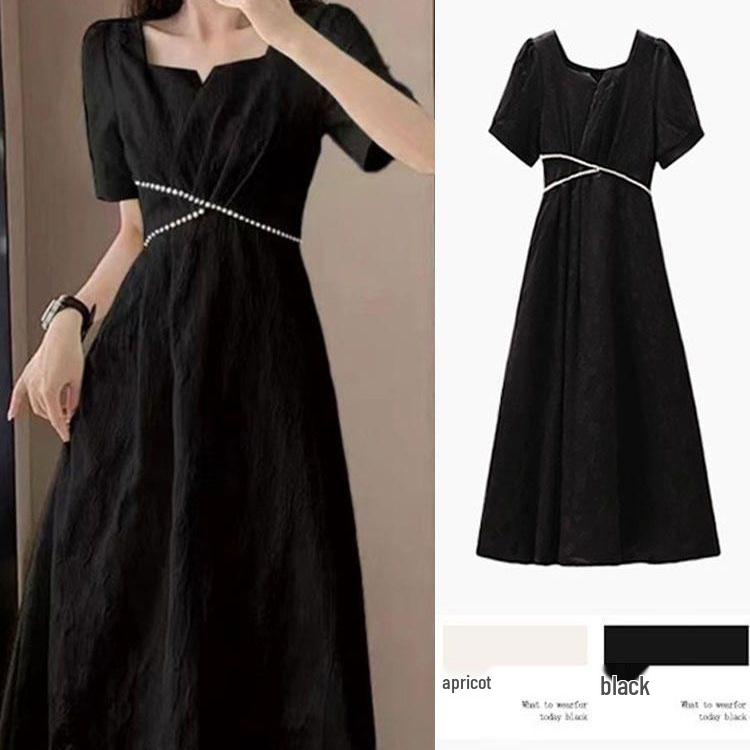 Elegant French Hepburn Style Black Long Dress for Plus Size Women - Slimming Belly Covering Summer Wear