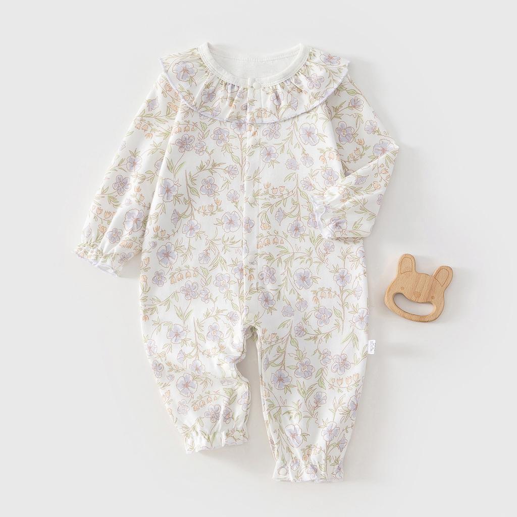 Frühlings-Schlafanzug Body 0-2J Neugeborene Säuglinge Mädchen Baumwolle Strampler Baby Langarm Rüschenkragen Blumenmuster Einteiler Overall