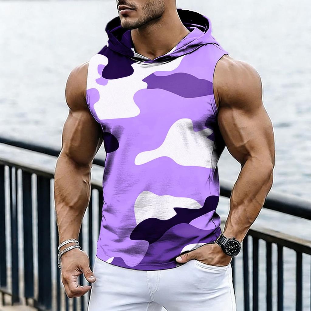 Men's Casual Fashion Printed Sleeveless Hooded Tops | Lightweight Summer Hooded Tank Tops