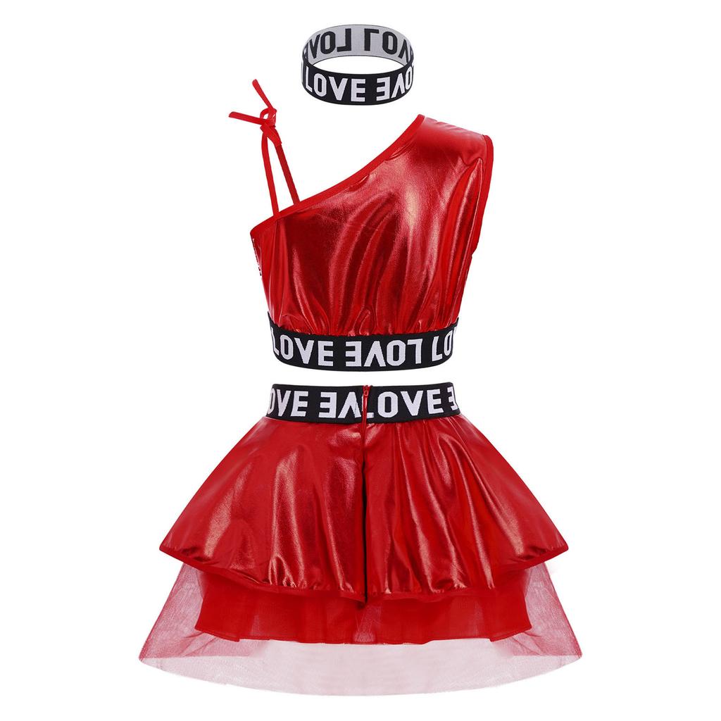 Girls 3 Piece Hip Hop Jazz Dance Costume One Shoulder Sleeveless Sequin Vest Metallic Tutu Skirt Letter Printed Hairband Set