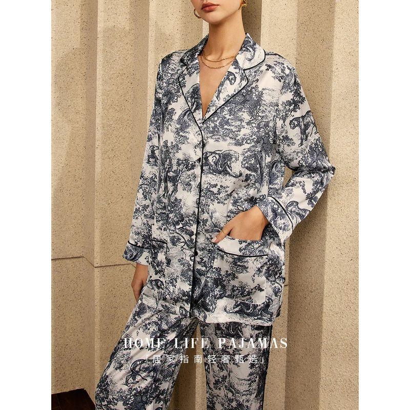 

Fashion Big Brand Dijia Ink Painting Beast Lan Sen Lin Bing Silk Satin Pajamas Women s New Long Sleeves Pants White Forest S