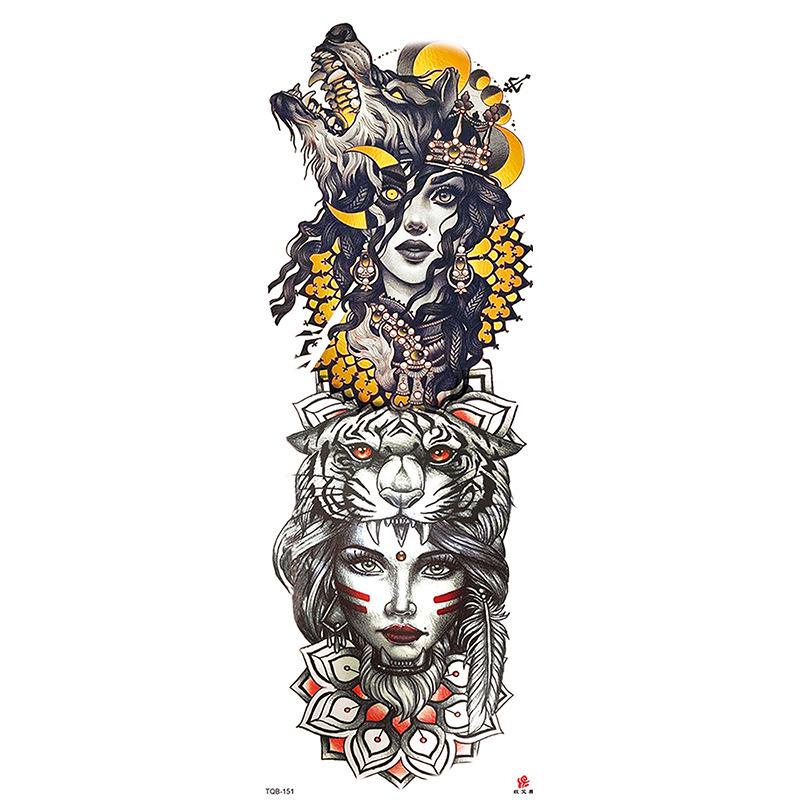 Waterdichte tattoo stickers voor de hele arm: Jezus, Maagd Maria, Kroon, Leeuw-ontwerp