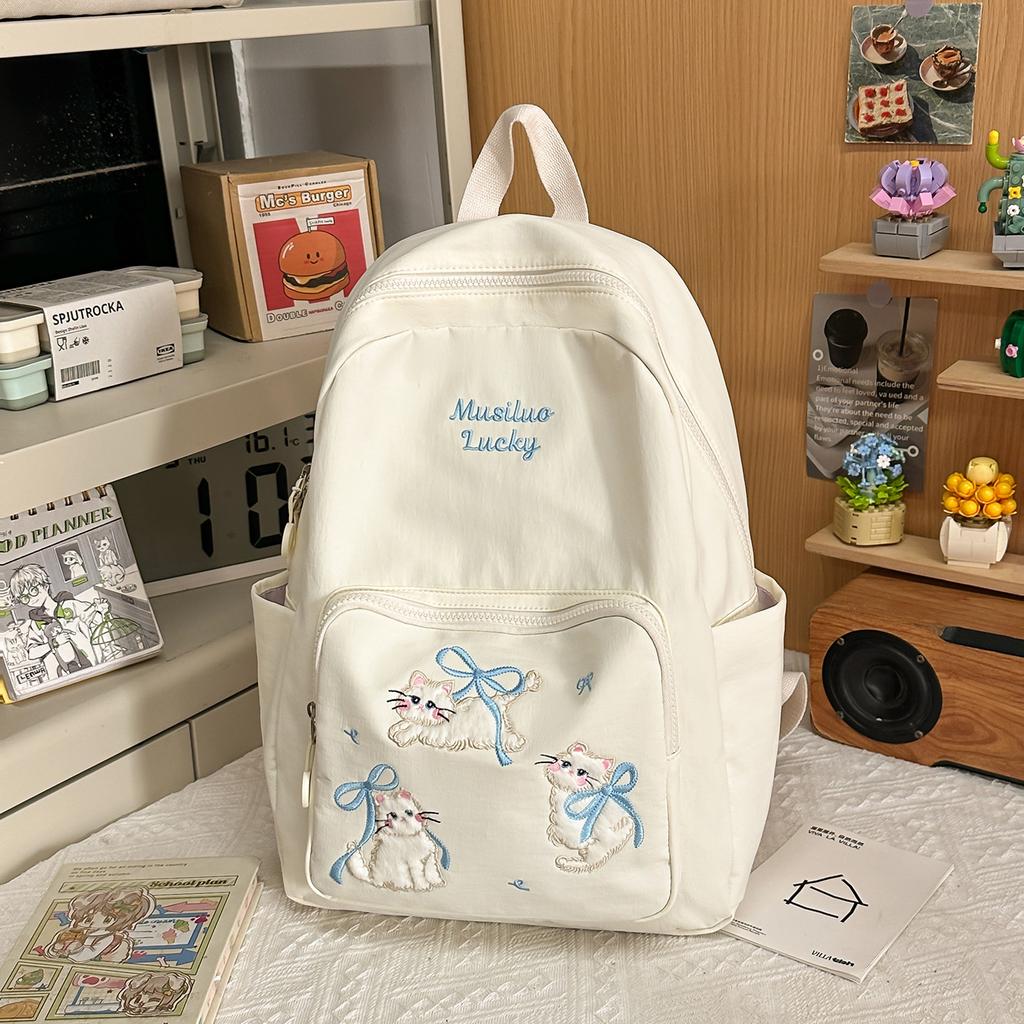 Schoolbag Cute Cat Embroidered Schoolbag Junior High School Girls High Value Ins Niche Design Sense Lightweight Research Backpack