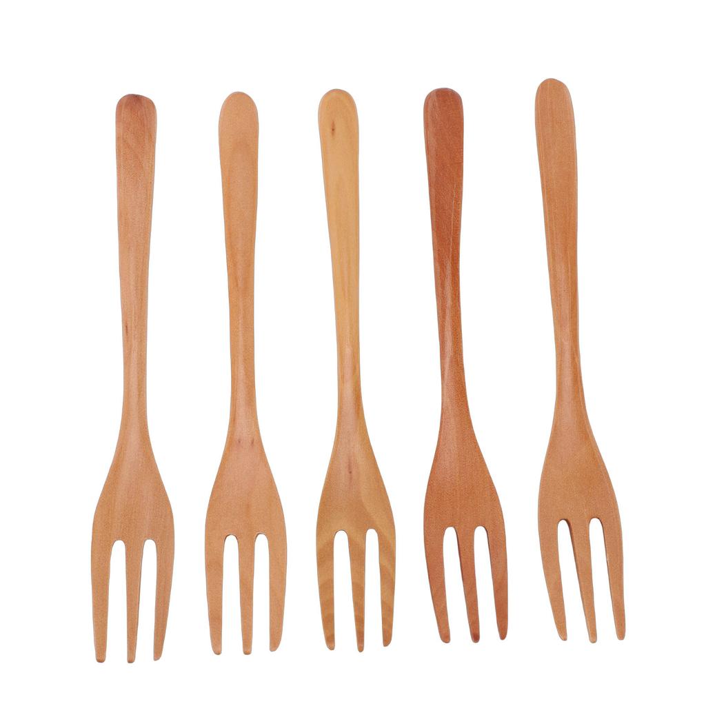 5PCS Wooden Forks Set 7.5 Inch 3 Prong Reusable Japanese Salad Dinner Forks Wood Flatware for Eating Stirring