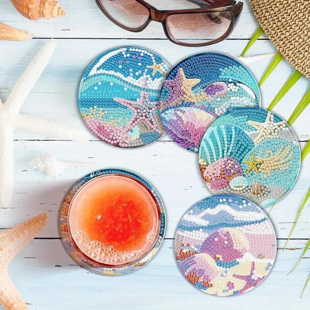 8 Pieces/set of Underwater World Animal Diamond Painted Coaster Set with Bracket DIY Coaster for Beginners and Adults, Gift of Art and Crafts Supplies