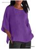 Women's Cotton Linen Three-Quarter Sleeve Shirt - Round Neck Top