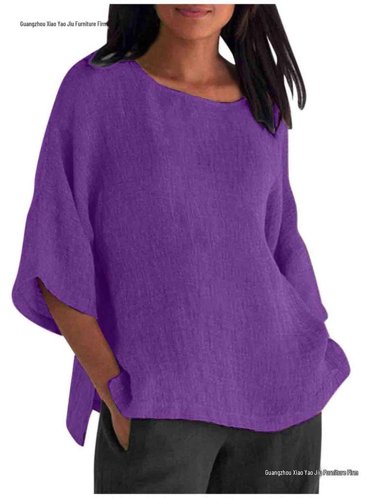 Women's Cotton Linen Three-Quarter Sleeve Shirt - Round Neck Top