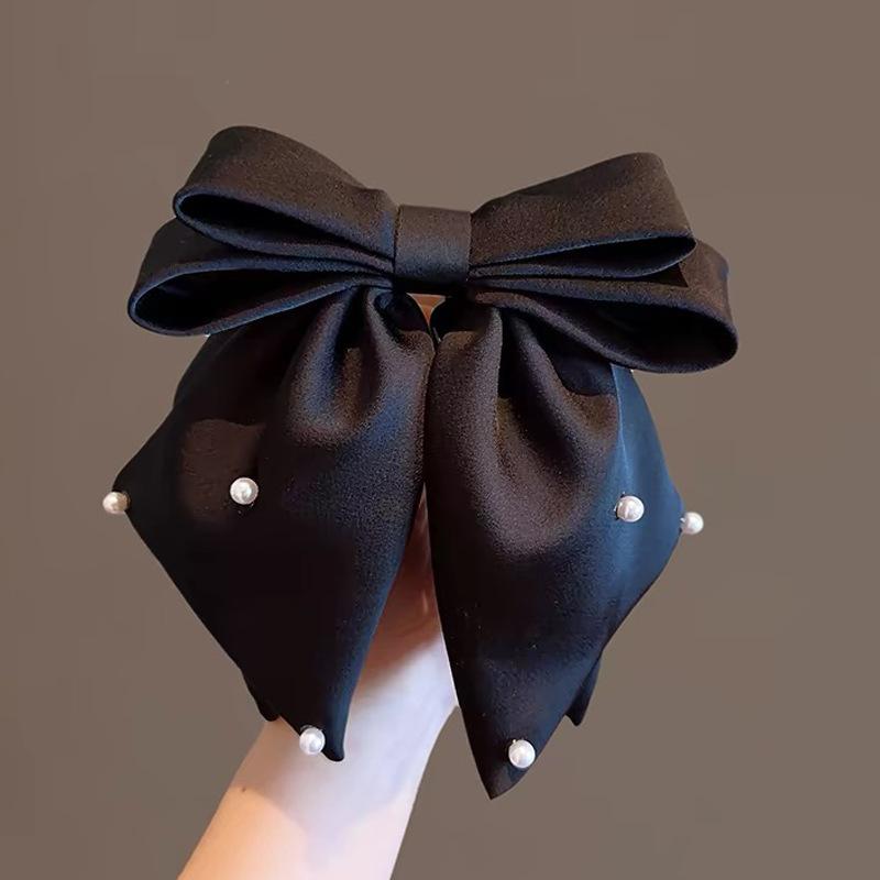 Women Girls Sweet Pearl Satin Bowknot Hair Clip Simple Big Ribbon Bow Barrette Solid Scarf Hairpin Grip Ponytail Clip