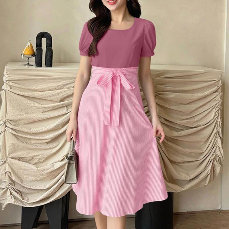 ZANZEA Women Casual Round Neck Short Sleeve Stripe Splice Dress