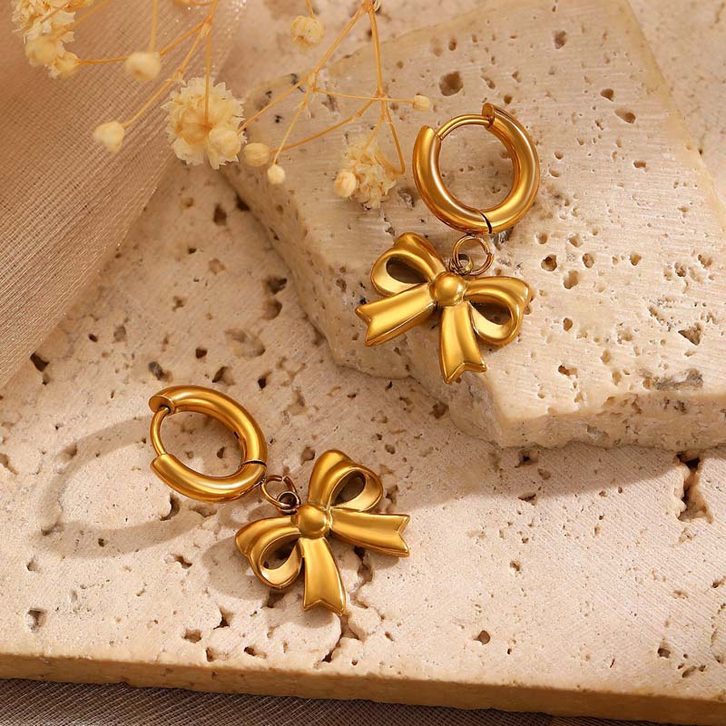 Stainless Steel Bowknot Hoop Huggie Earrings For Women Fashion Gold Color Hollow Bow Tie Drop Earrings Waterproof Jewelry Gifts