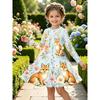 Girl Casual 3D Fox Floral Print Round Neck Long Sleeve Dress Kid Princess Dress