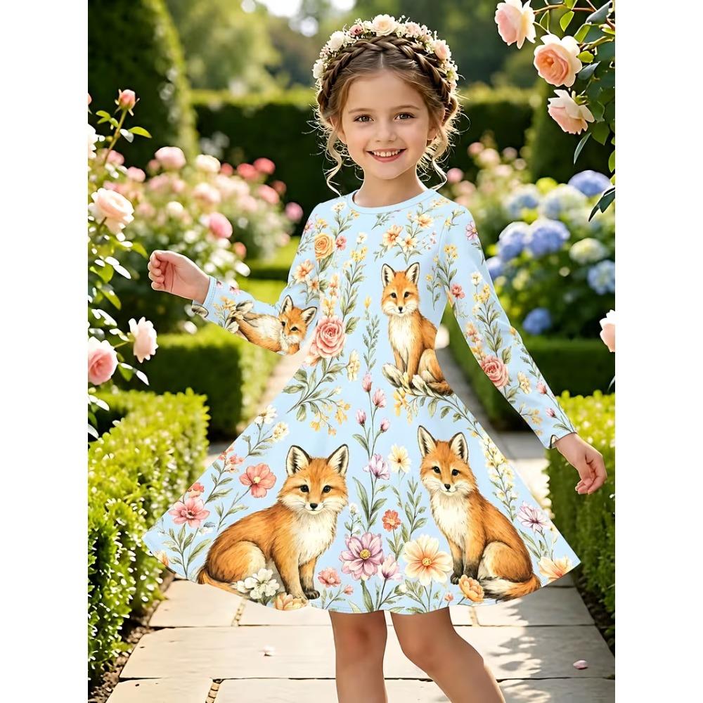 Girl Casual 3D Fox Floral Print Round Neck Long Sleeve Dress Kid Princess Dress