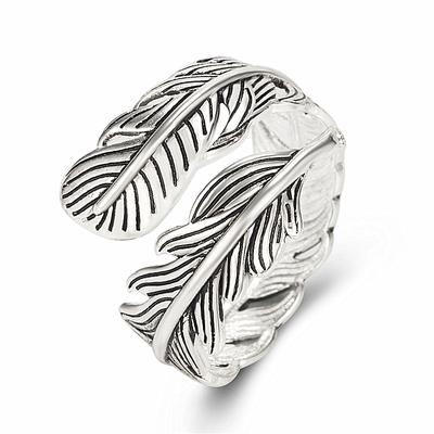 Fashionable Twisted Leaf Open Ring Retro Black Trendy Feather Texture Silver -Plated Ring Ring 