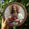 2D Flat Sacred Heart of Jesus Themed Round Wooden Plaque,Classic Style Home Decor for Living Room or Office,Life Wooden Decor for Bedroom Living