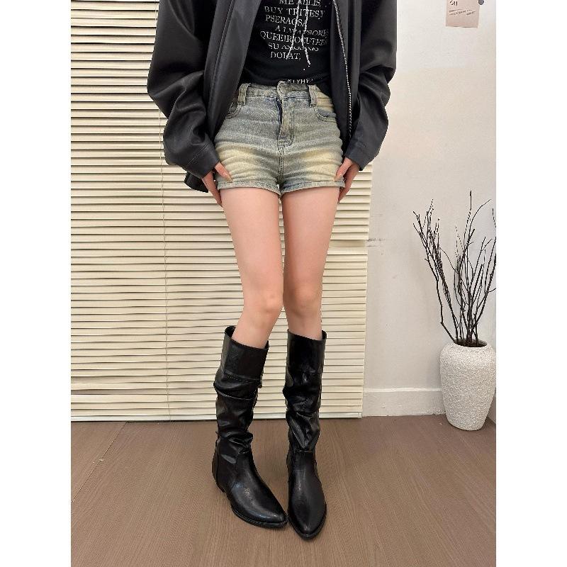 North Island Daughter! Korean Version Three-wear Pointed Inner Height-increasing Stacking Boots Pleated Flat Boots
