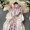 French Style Retro Elegant Shirt Dress Women Single-breasted Flower Print Long Party Dress Female Casual Chic Festival Clothing New