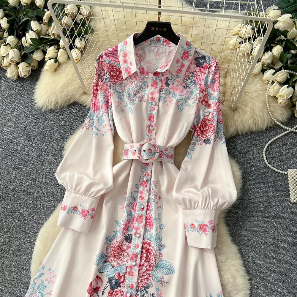 French Style Retro Elegant Shirt Dress Women Single-breasted Flower Print Long Party Dress Female Casual Chic Festival Clothing New
