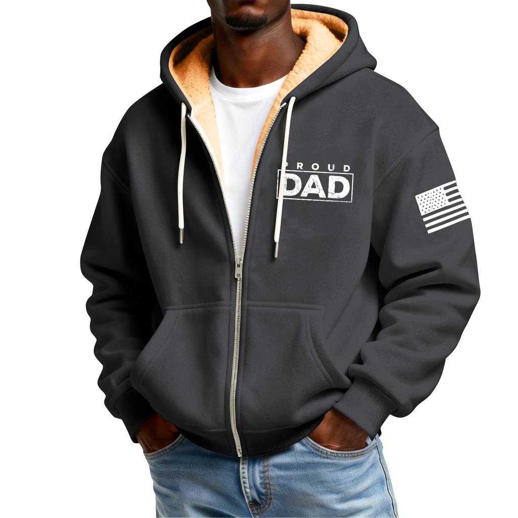 Men's Print Fleece-Lined Zip-Up Pocket Hooded Sweatshirt Cardigan Men's Casual Sweatshirt Cardigan