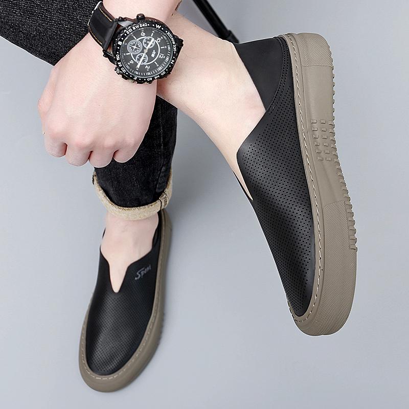 Summer New Punching Casual Shoes Breathable Men's Leather Shoes Fashion Handmade Shallow Mouth Loafer Outdoor Walking Lazy Shoes