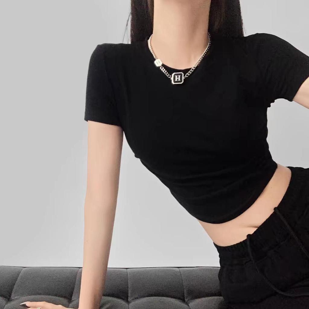2024 Harajuku Women Crew Neck Short Sleeve Cotton Tee With Ruched Sides Detail T-shirts