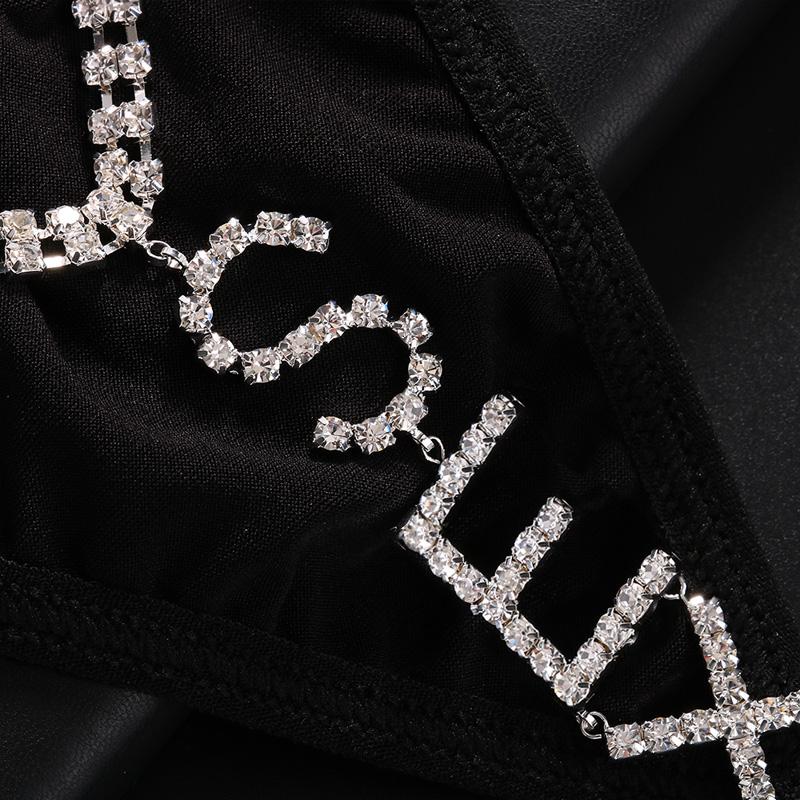 Fashion SEXY Letter Thong Panties Body Jewelry for Women Bling Rhinestone Waist Chain Thong G String Bikini Swimsuit