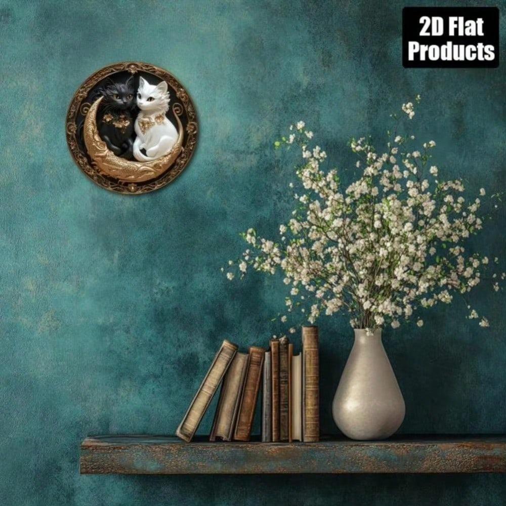 Circular Black & White Cat Wall Art Plaque – Decor for Bars, Kitchens, Cafés, Bedrooms, Living Rooms & Offices
