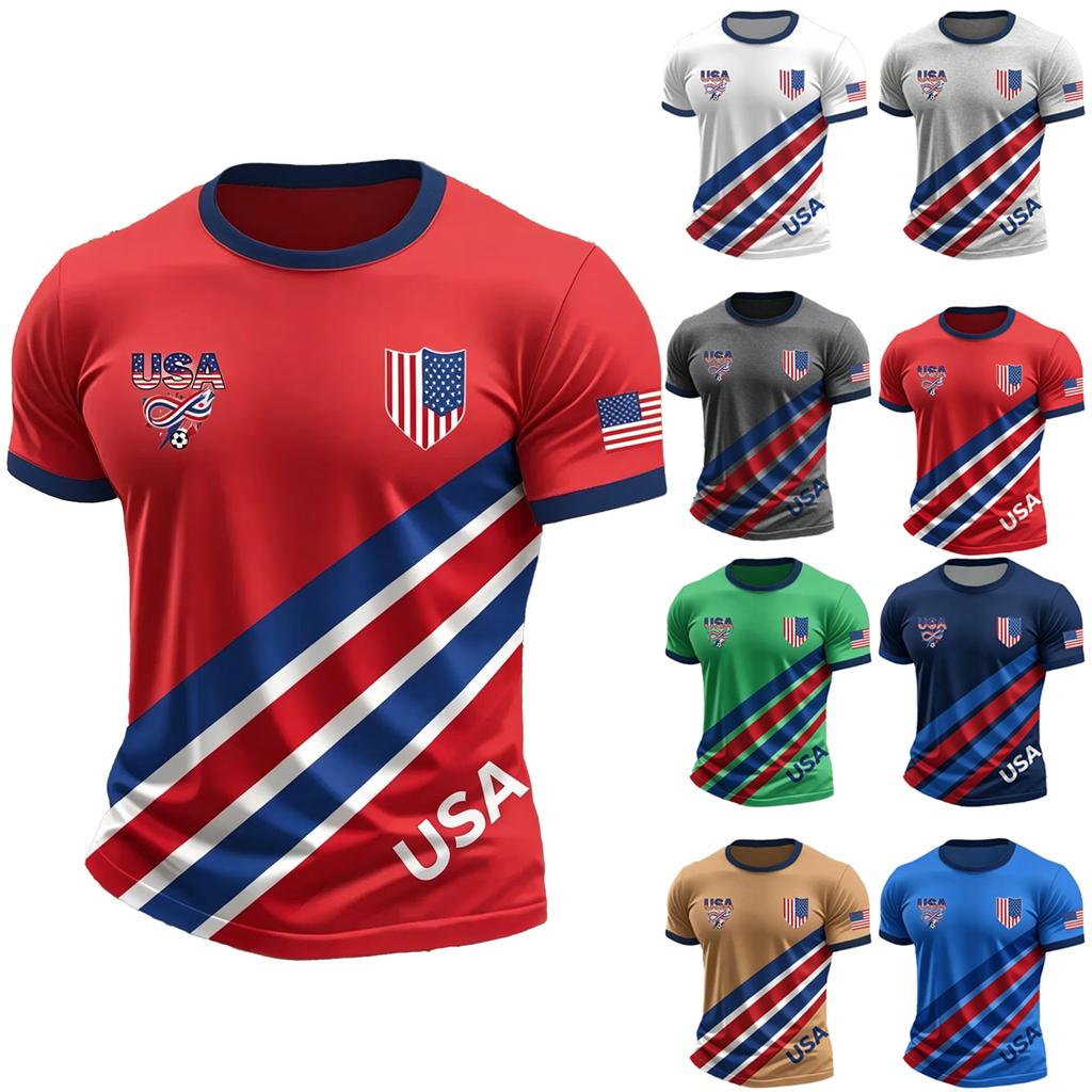 Men’s USA Football Print Crew Neck Classic Fit Short Sleeve T-Shirt with Striped Shield and Flag Design for Sports Fans