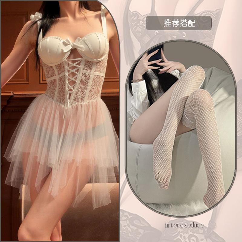 Sexy lingerie slim mesh perspective plus chest pad steel ring gathering women's suspender sex nightdress set